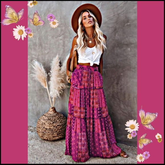 BOHO VIOLET & PINK PAISLY PRINT MAXI SKIRT WITH POCKETS SMALL - Picture 3 of 13